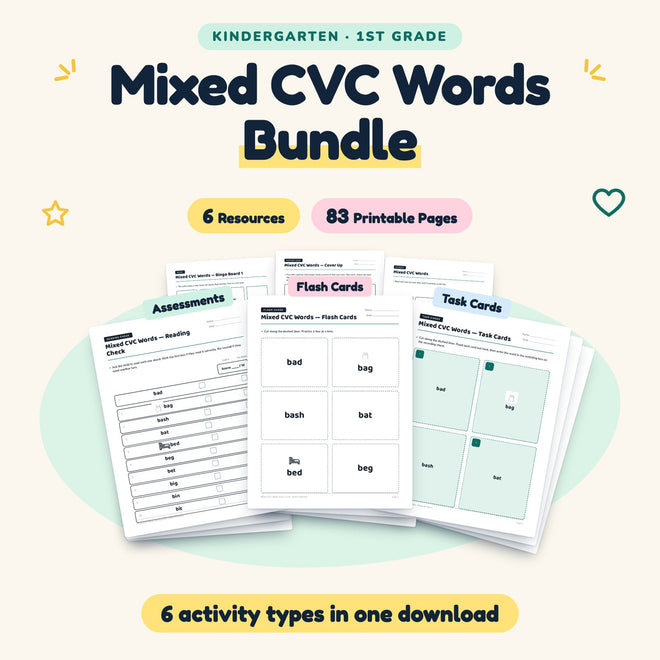 Mixed CVC Words Bundle | K–1st Grade (6 Resources, 83 Pages) — cover