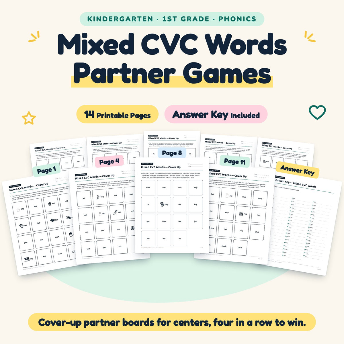 14 Mixed CVC Words Partner Games — cover