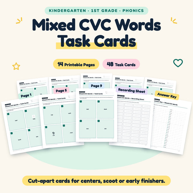 48 Mixed CVC Words Task Cards — cover