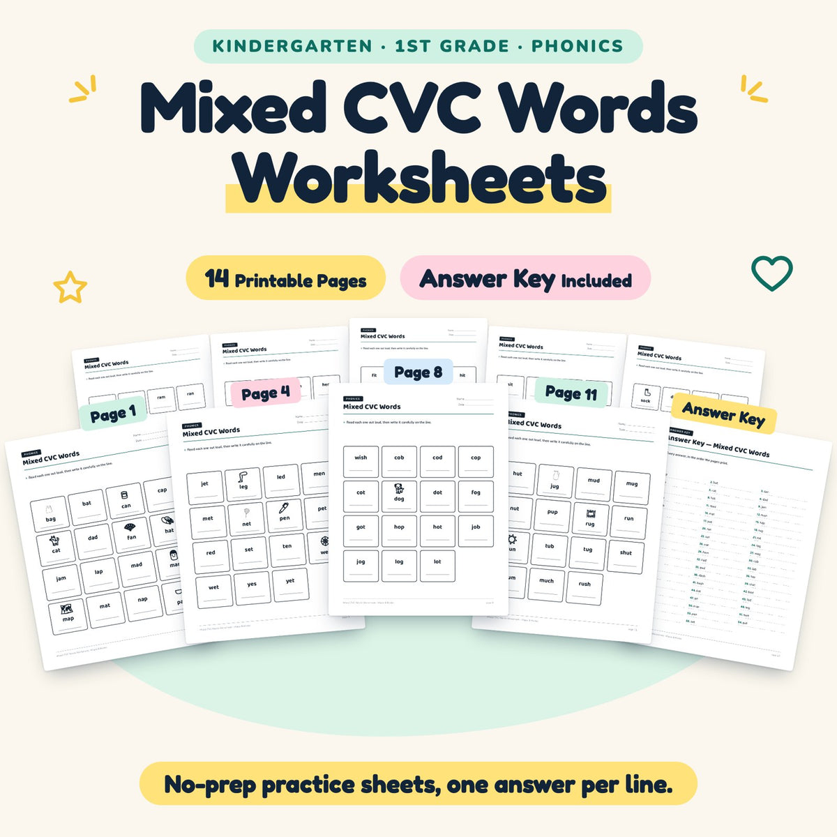 14 Mixed CVC Words Worksheets — cover