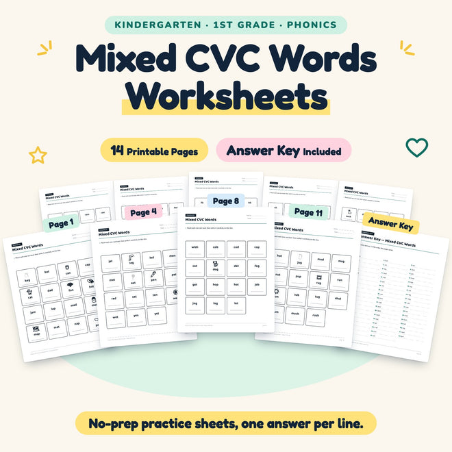 14 Mixed CVC Words Worksheets — cover