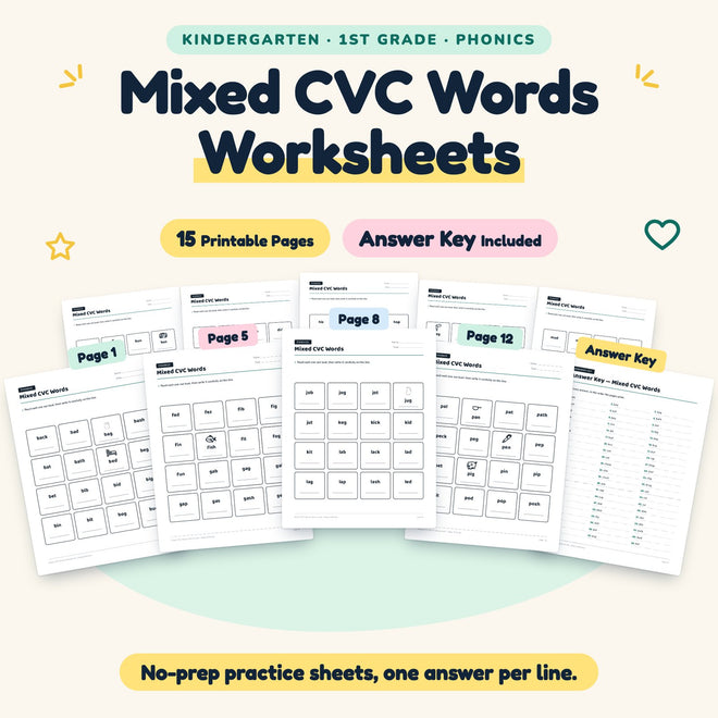 Mixed CVC Words Worksheets | K–1st Grade Phonics (14 Pages) — cover