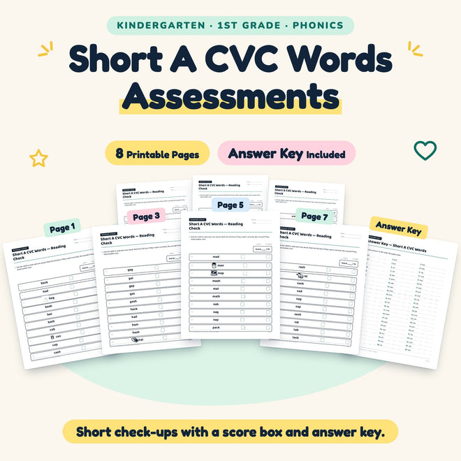 Short A CVC Words Assessments | K–1st Grade (6 Pages) — cover