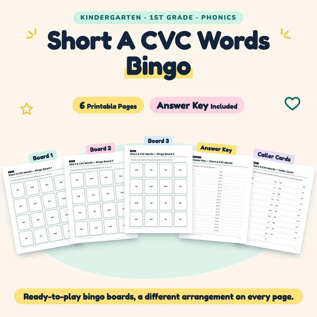 6 Short A CVC Words Bingo — cover