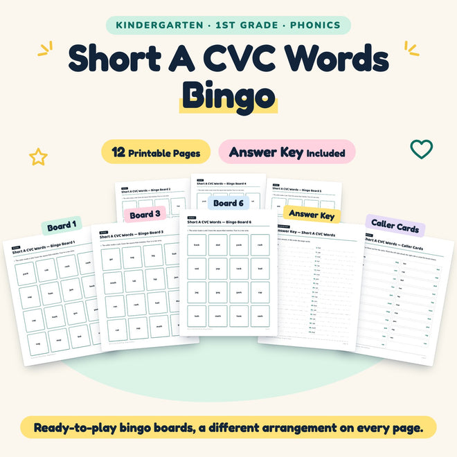 Short A CVC Words Bingo | K–1st Grade Phonics (6 Pages) — cover