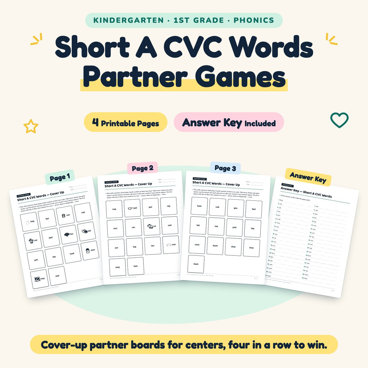 4 Short A CVC Words Partner Games — cover