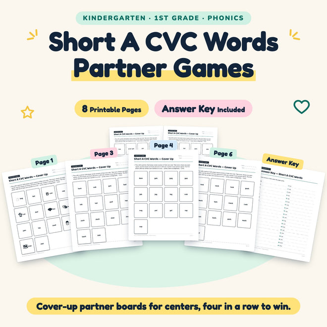 Short A CVC Words Partner Games | K–1st Grade (4 Pages) — cover