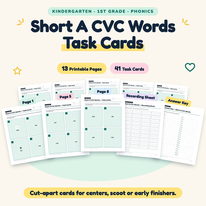 41 Short A CVC Words Task Cards — cover