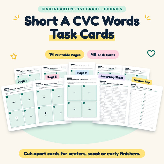 Short A CVC Words Task Cards | K–1st Grade (41 Cards) — cover