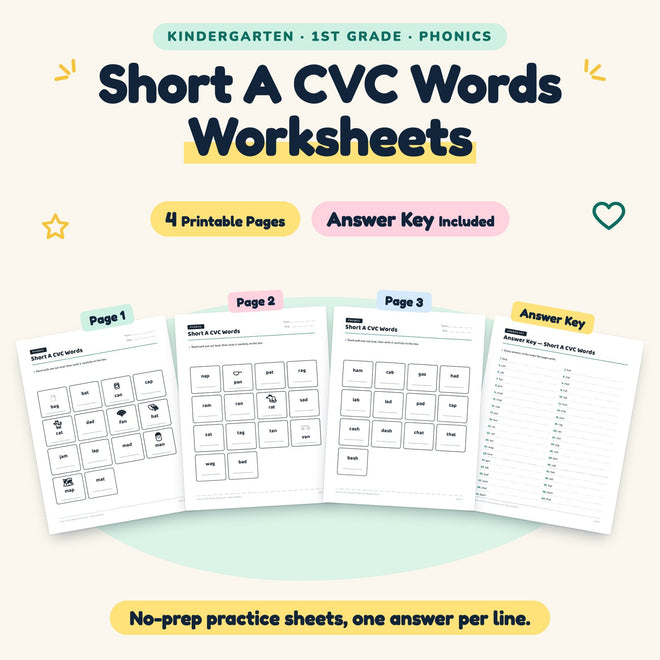 4 Short A CVC Words Worksheets — cover