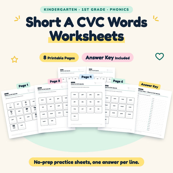 Short A CVC Words Worksheets | K–1st Grade Phonics (4 Pages) — cover