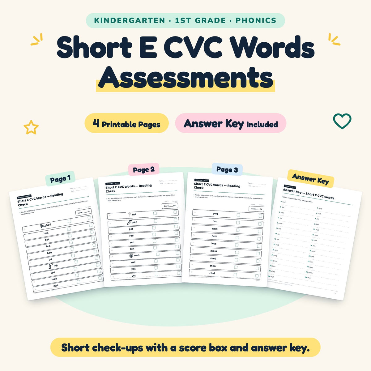 4 Short E CVC Words Assessments — cover