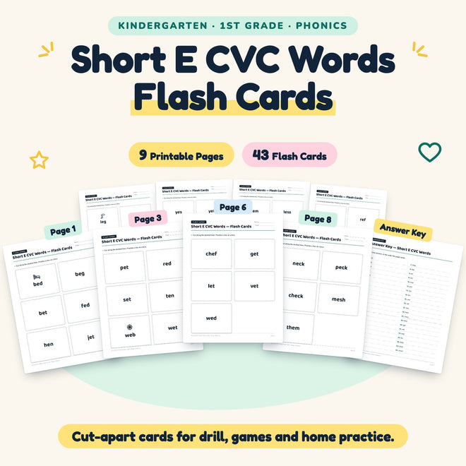 Short E CVC Words Flash Cards | K–1st Grade (29 Cards) — cover
