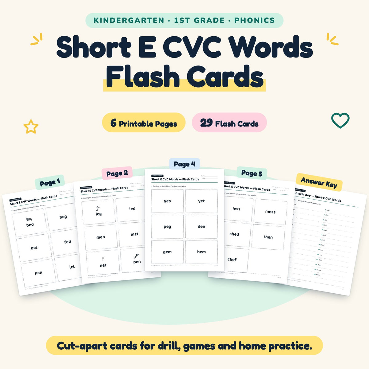 29 Short E CVC Words Flash Cards — cover