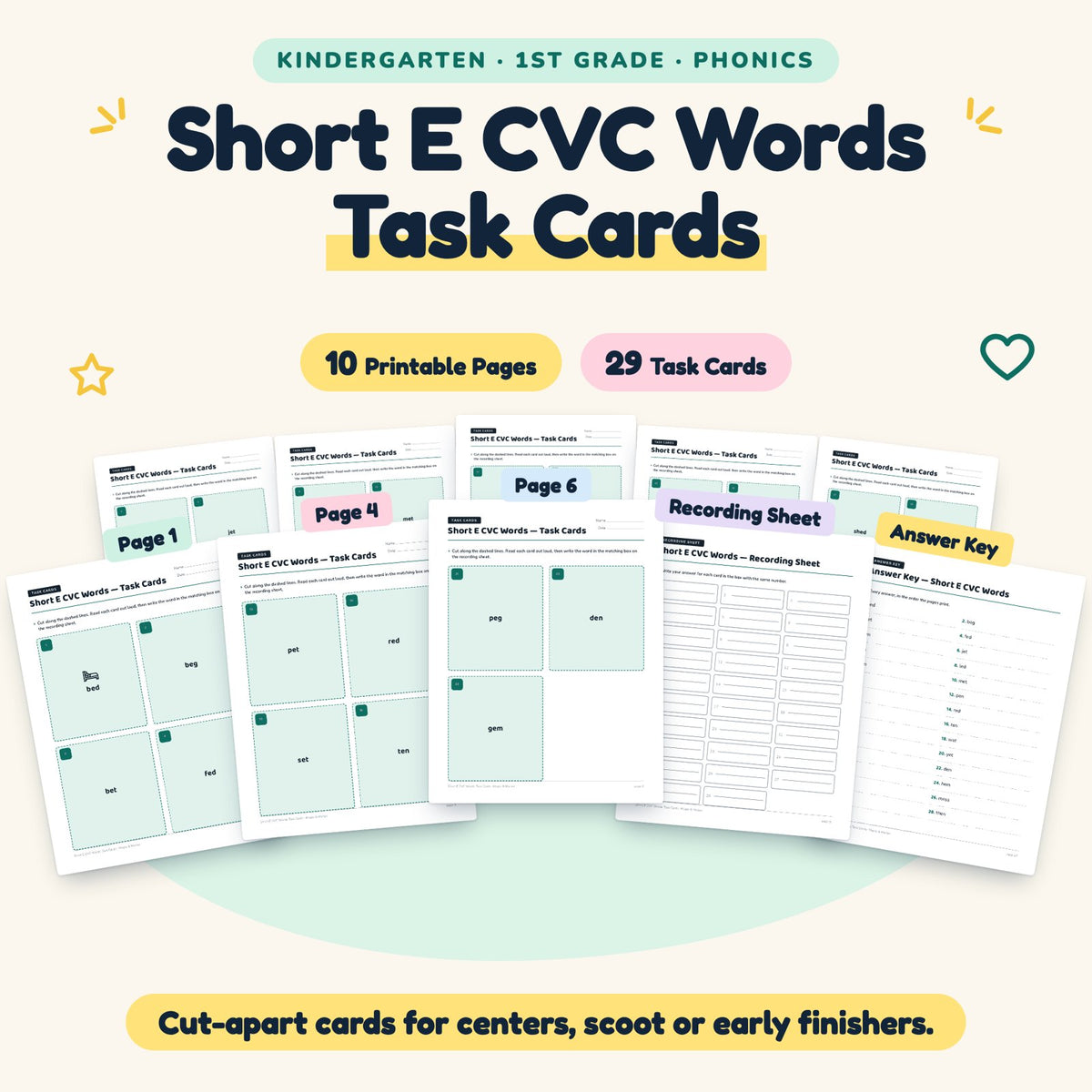 29 Short E CVC Words Task Cards — cover
