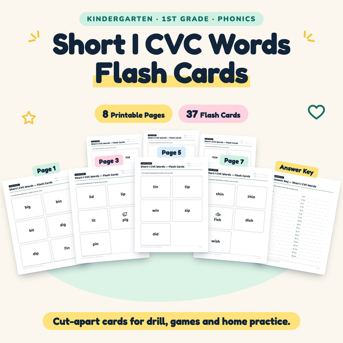 37 Short I CVC Words Flash Cards — cover