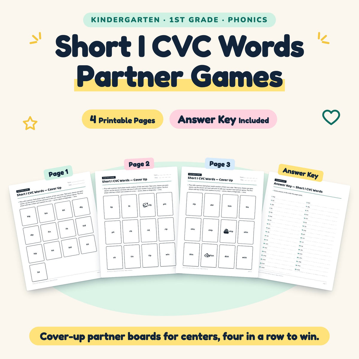 4 Short I CVC Words Partner Games — cover
