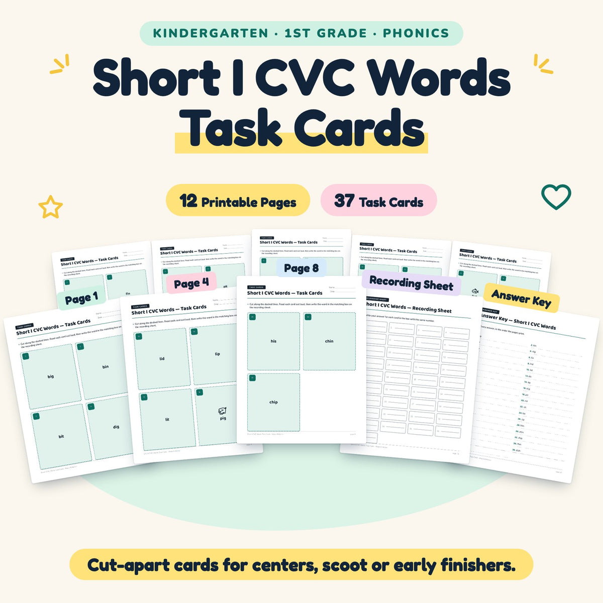 37 Short I CVC Words Task Cards — cover