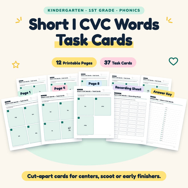 37 Short I CVC Words Task Cards — cover