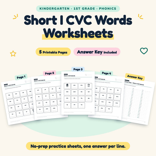 Short I CVC Words Worksheets | K–1st Grade Phonics (4 Pages) — cover