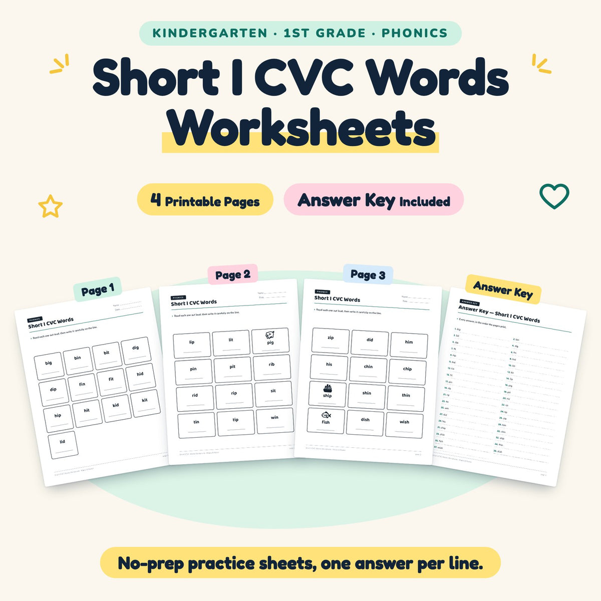 4 Short I CVC Words Worksheets — cover