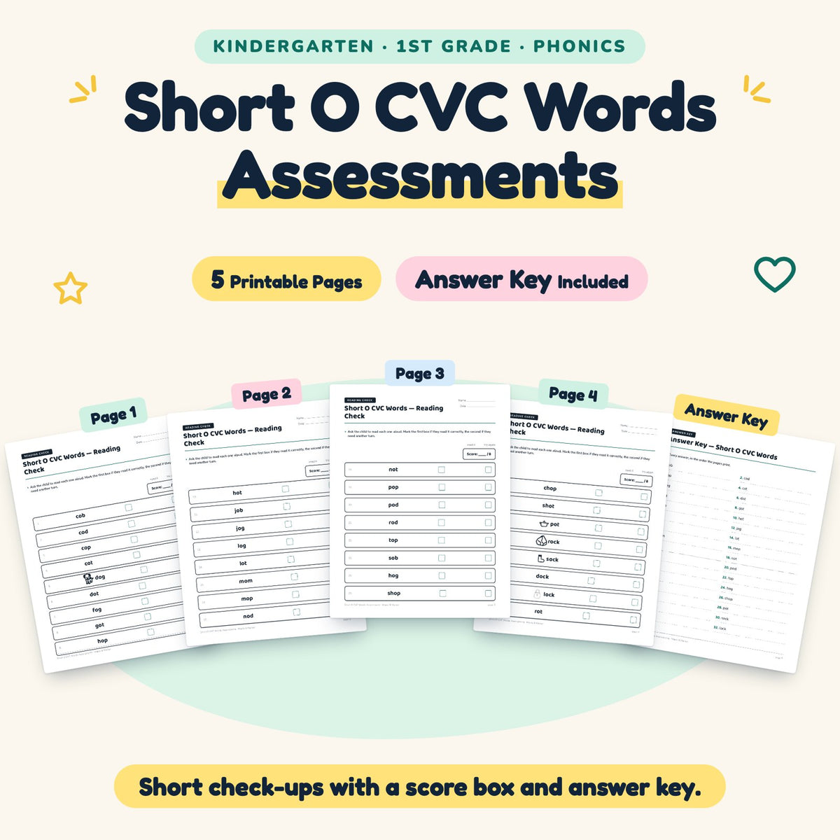 5 Short O CVC Words Assessments — cover
