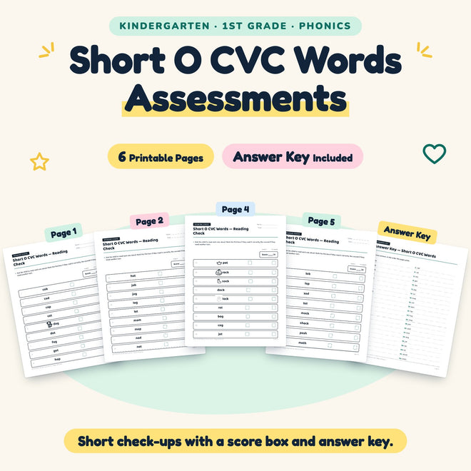 Short O CVC Words Assessments | K–1st Grade (5 Pages) — cover