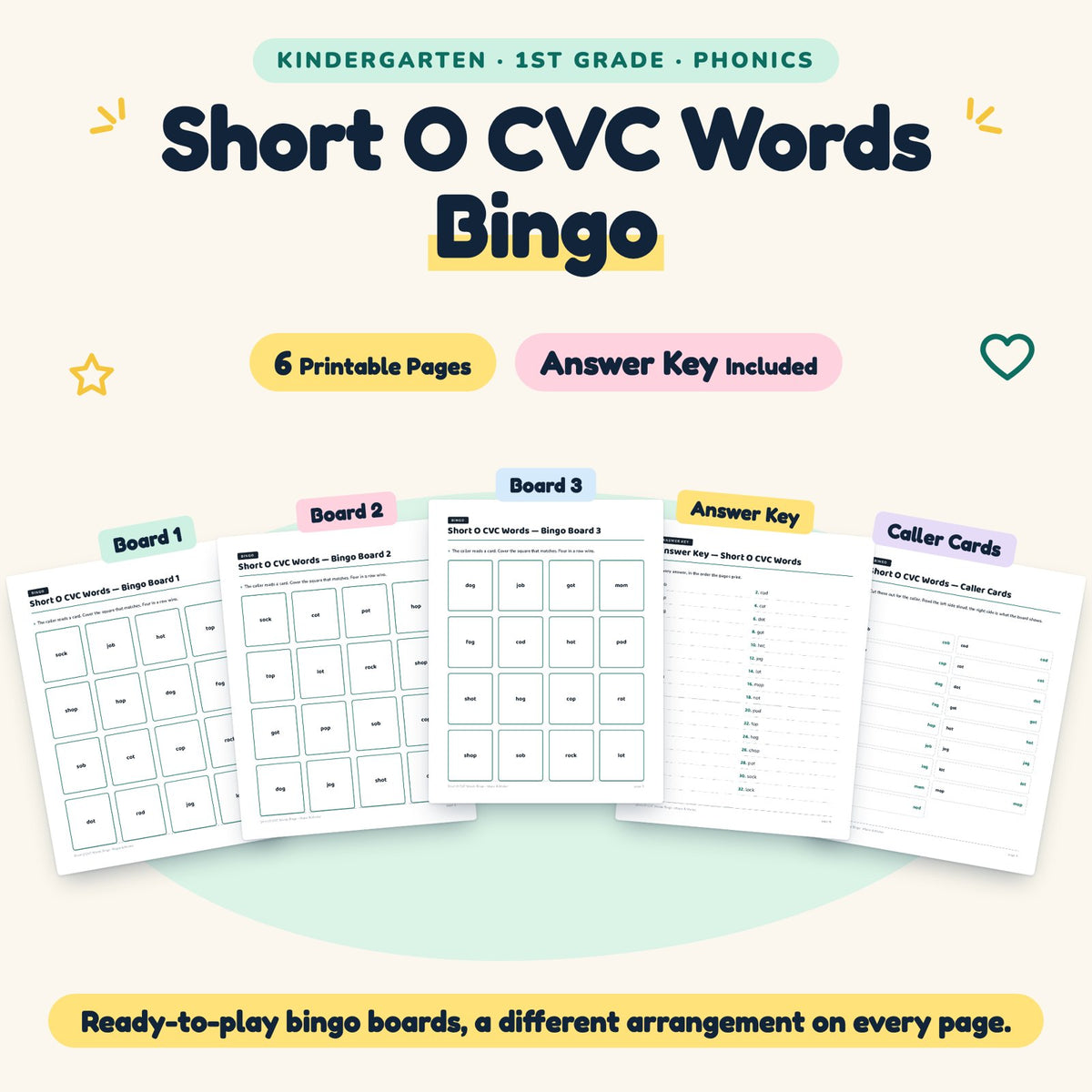 6 Short O CVC Words Bingo — cover