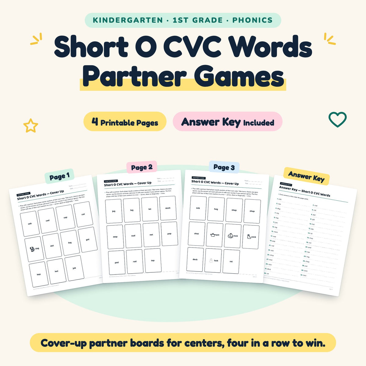 4 Short O CVC Words Partner Games — cover