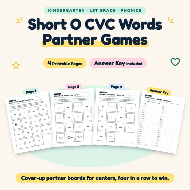 Short O CVC Words Partner Games | K–1st Grade (4 Pages) — cover