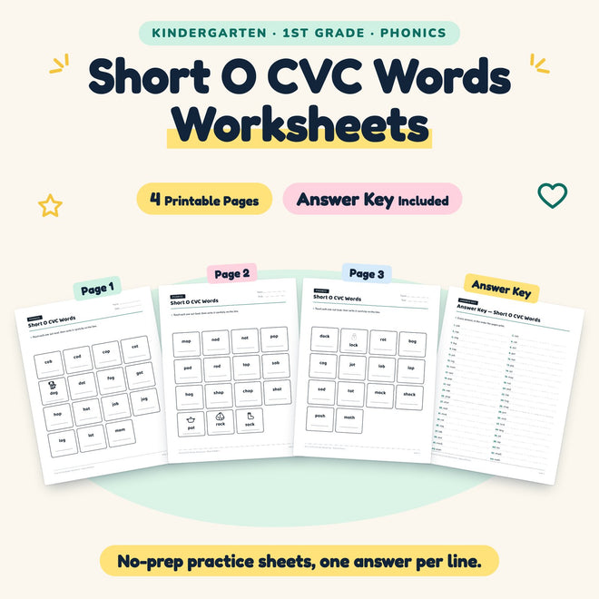 Short O CVC Words Worksheets | K–1st Grade Phonics (4 Pages) — cover