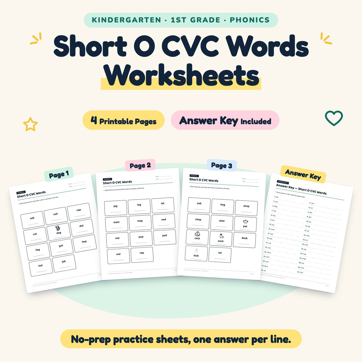 4 Short O CVC Words Worksheets — cover