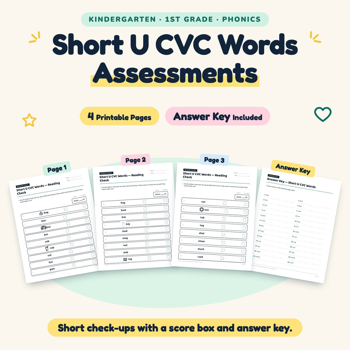 4 Short U CVC Words Assessments — cover