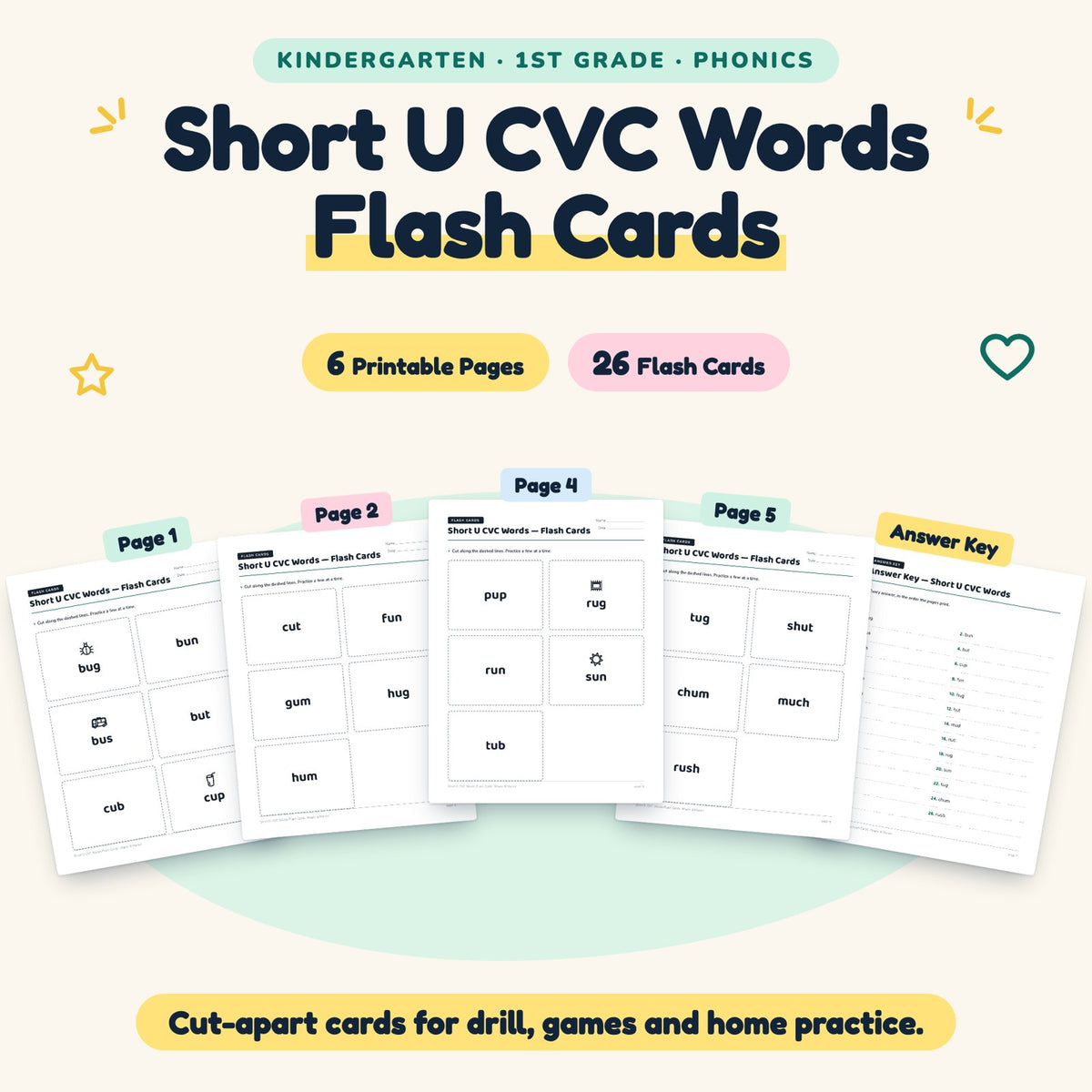 26 Short U CVC Words Flash Cards — cover