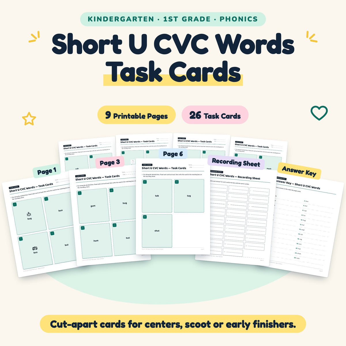 26 Short U CVC Words Task Cards — cover