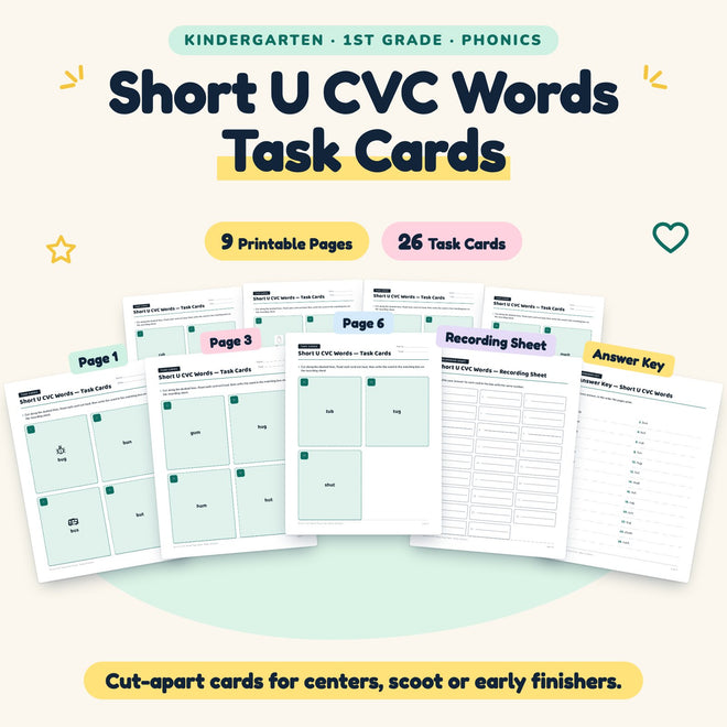 26 Short U CVC Words Task Cards — cover