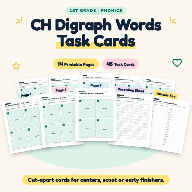 CH Digraph Words Task Cards | 1st Grade Phonics (14 Cards) — cover