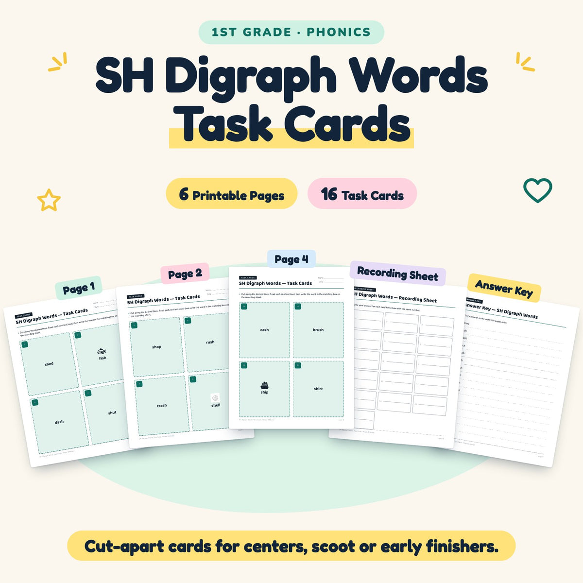 16 SH Digraph Words Task Cards — cover
