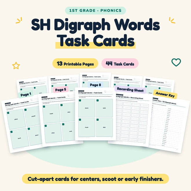 SH Digraph Words Task Cards | 1st Grade Phonics (16 Cards) — cover