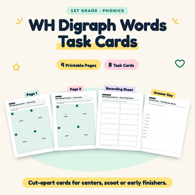 8 WH Digraph Words Task Cards — cover