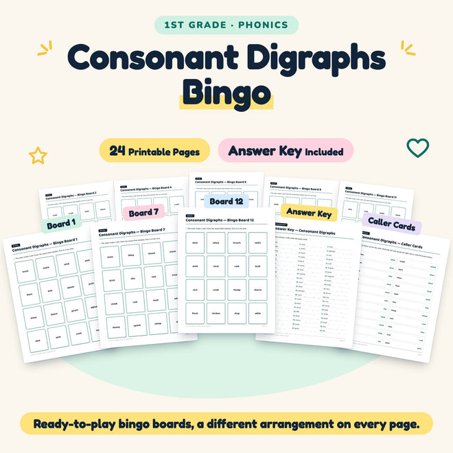 Consonant Digraphs Bingo | 1st Grade Phonics (9 Pages) — cover