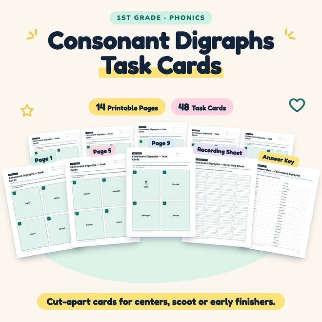 Consonant Digraphs Task Cards | 1st Grade Phonics (48 Cards) — cover