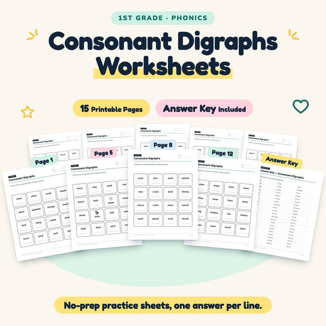 Consonant Digraphs Worksheets | 1st Grade Phonics (6 Pages) — cover