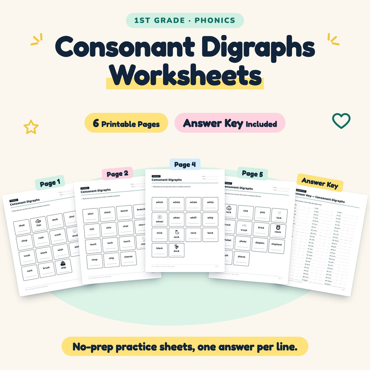 6 Consonant Digraphs Worksheets — cover