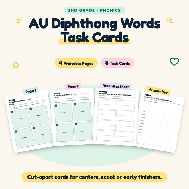 8 AU Diphthong Words Task Cards — cover