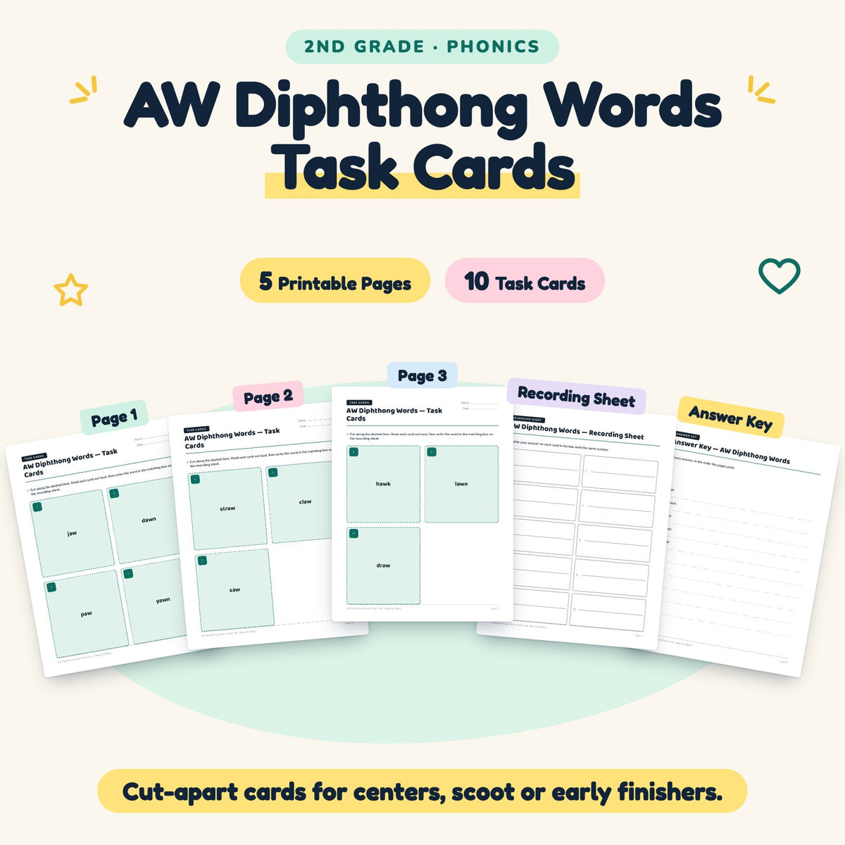10 AW Diphthong Words Task Cards — cover