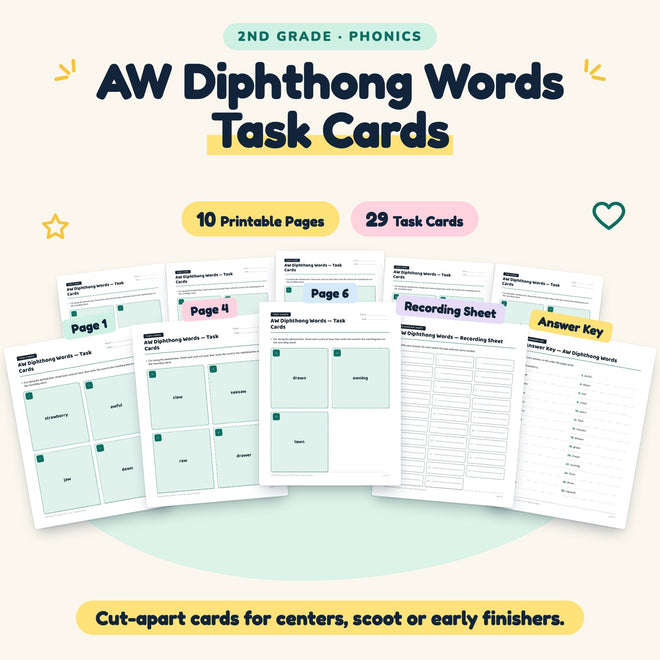 AW Diphthong Words Task Cards | 2nd Grade Phonics (10 Cards) — cover