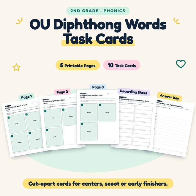 10 OU Diphthong Words Task Cards — cover