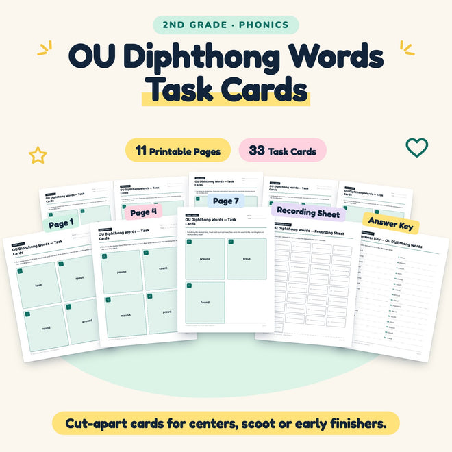 OU Diphthong Words Task Cards | 2nd Grade Phonics (10 Cards) — cover