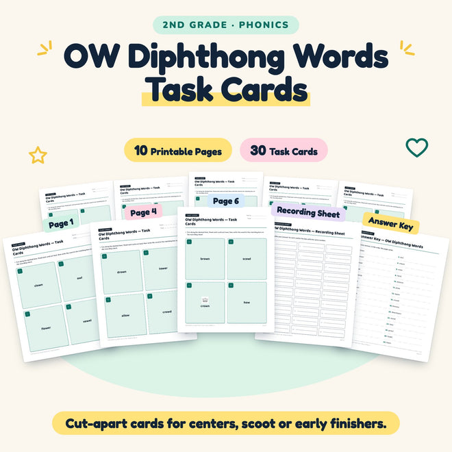 OW Diphthong Words Task Cards | 2nd Grade Phonics (10 Cards) — cover